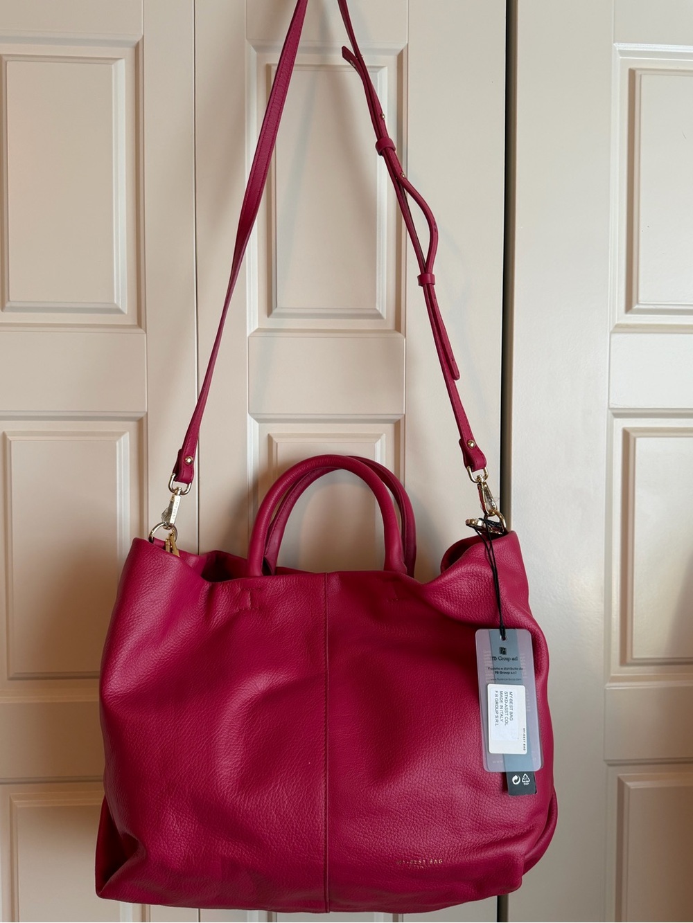 Fuchsia Pebbled Leather Tote with Top Handles and Adjustable Shoulder Strap